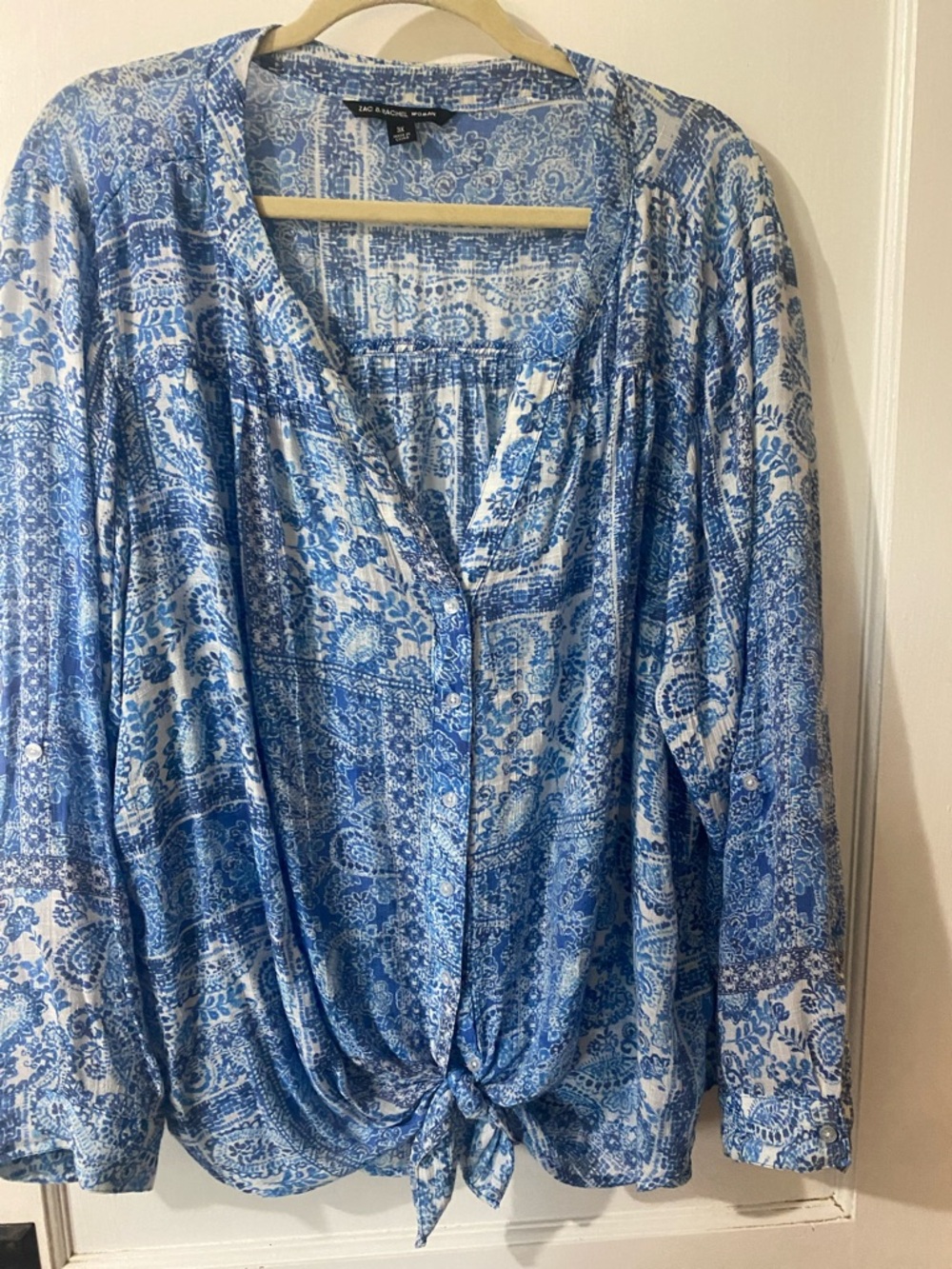 Zac & Rachel Blue and White Paisley Tie-Hem Blouse